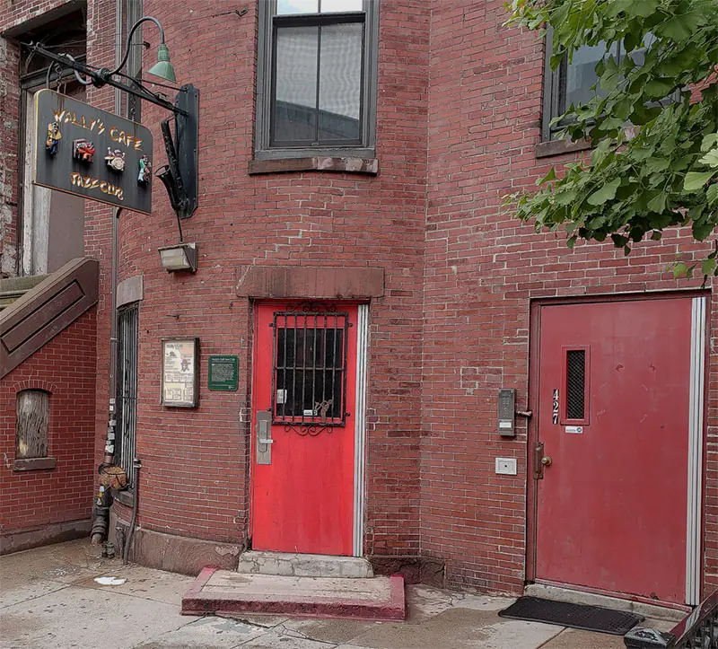 The red door of Wally's Cafe Jazz Club at 427 Massachusetts Avenue, Boston